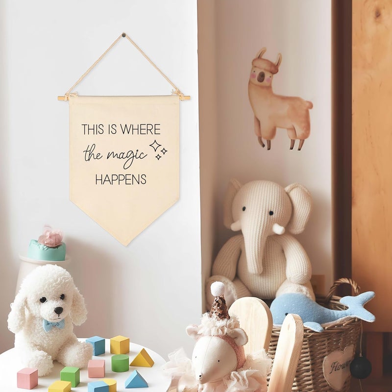 Sioial Nursery Bedroom Above Crib Playroom Door Wall Decor Gift for Kid Girl Boy Teen Toddler-Baby,Shower Birthday-Canvas Banner Pennant Prints Poster Flag Wall Art Decor-This is Where the Magic Happens - Image 3